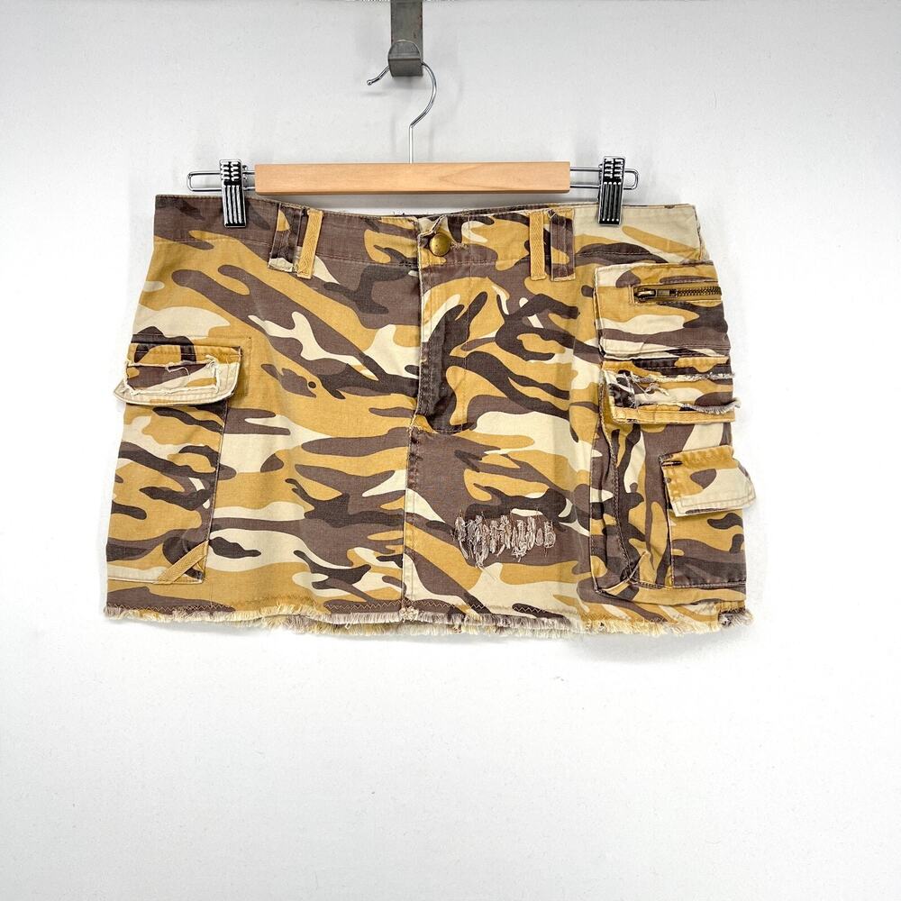 Vtg Y2K Wet Seal Low Rise Yellow Brn Camo Mini Skirt Juniors size 11 Cotton